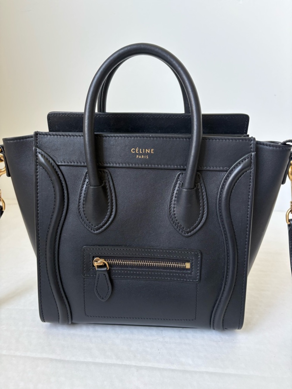 Celine Black Leather Luggage Nano Top Handle Bag Crossbody Gold Hardware Zip - Picture 2 of 14